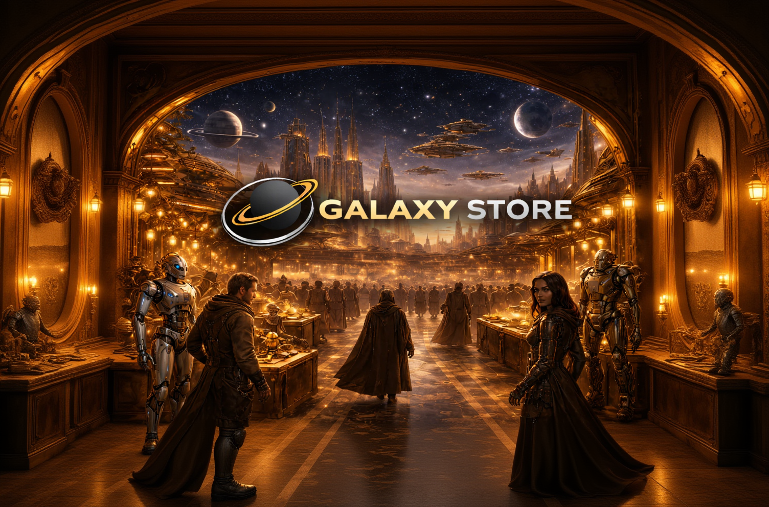 Futuristic cityscape with people and robots, featuring the Galaxy Store logo.