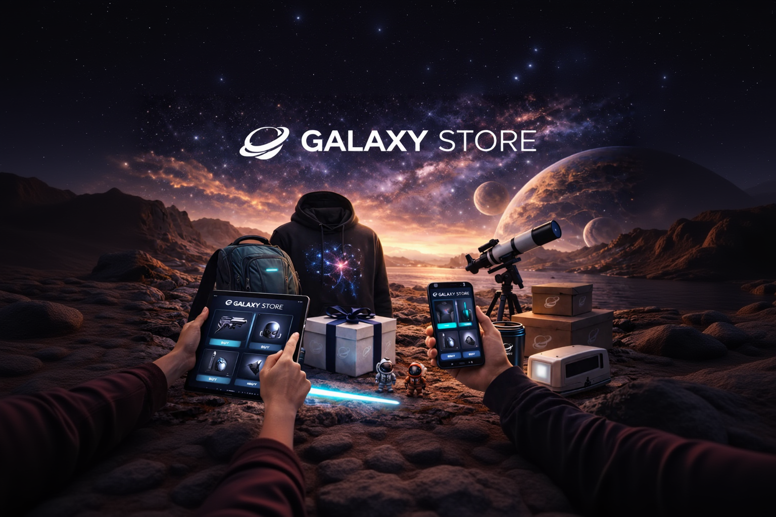 Promotional image for Galaxy Store with people using devices and a telescope in a space-themed setting.